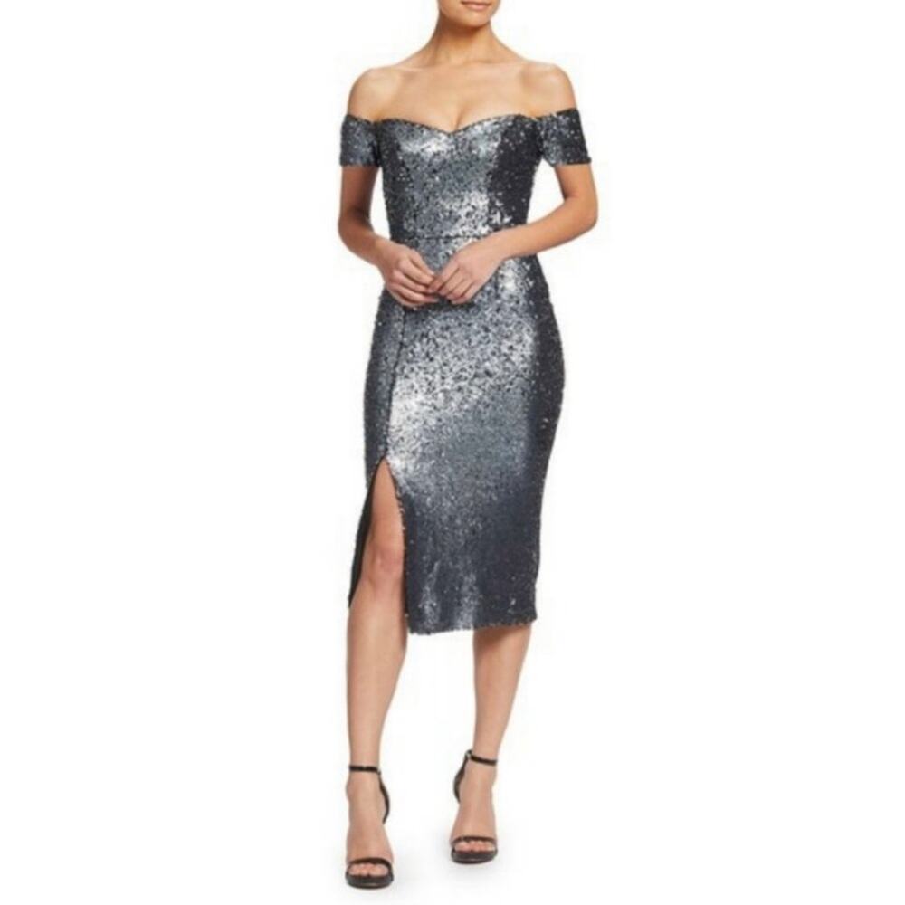 NWT Dress The Population Jen Sequin Off The Shoulder Side Slit Midi Dress SMALL